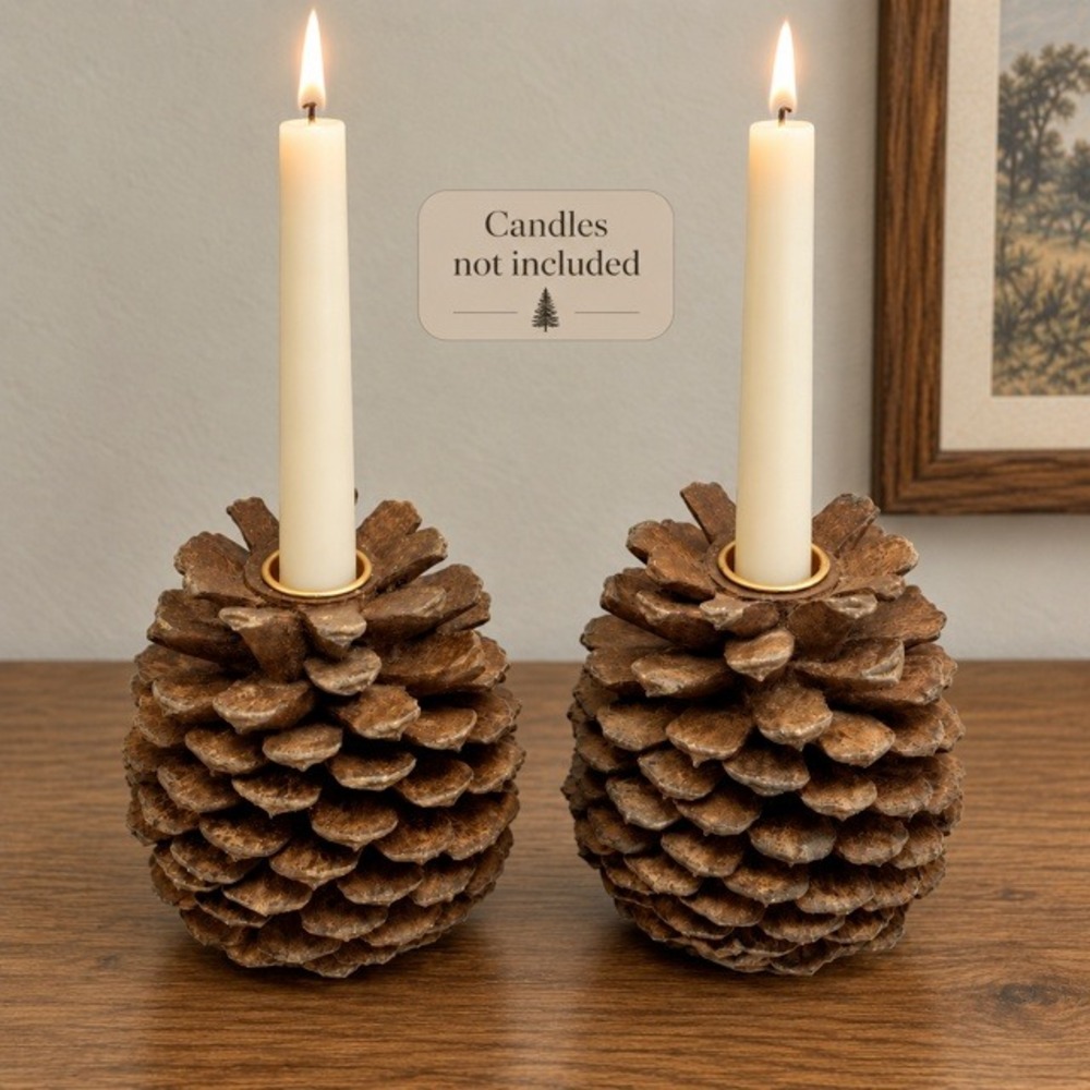 Pair of Resin Pinecone Candle Holders Brown Rustic Cabin Lodge Decor 5"